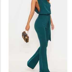 Petite Emerald Green High Neck Tie Waist Jumpsuit